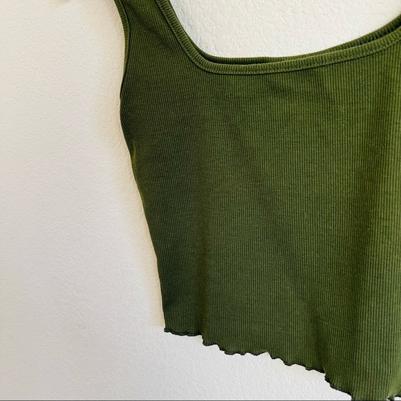 Olive Green Square Neck Lettuce Trim Ribbed Crop Tank Top - Picture 4 of 5